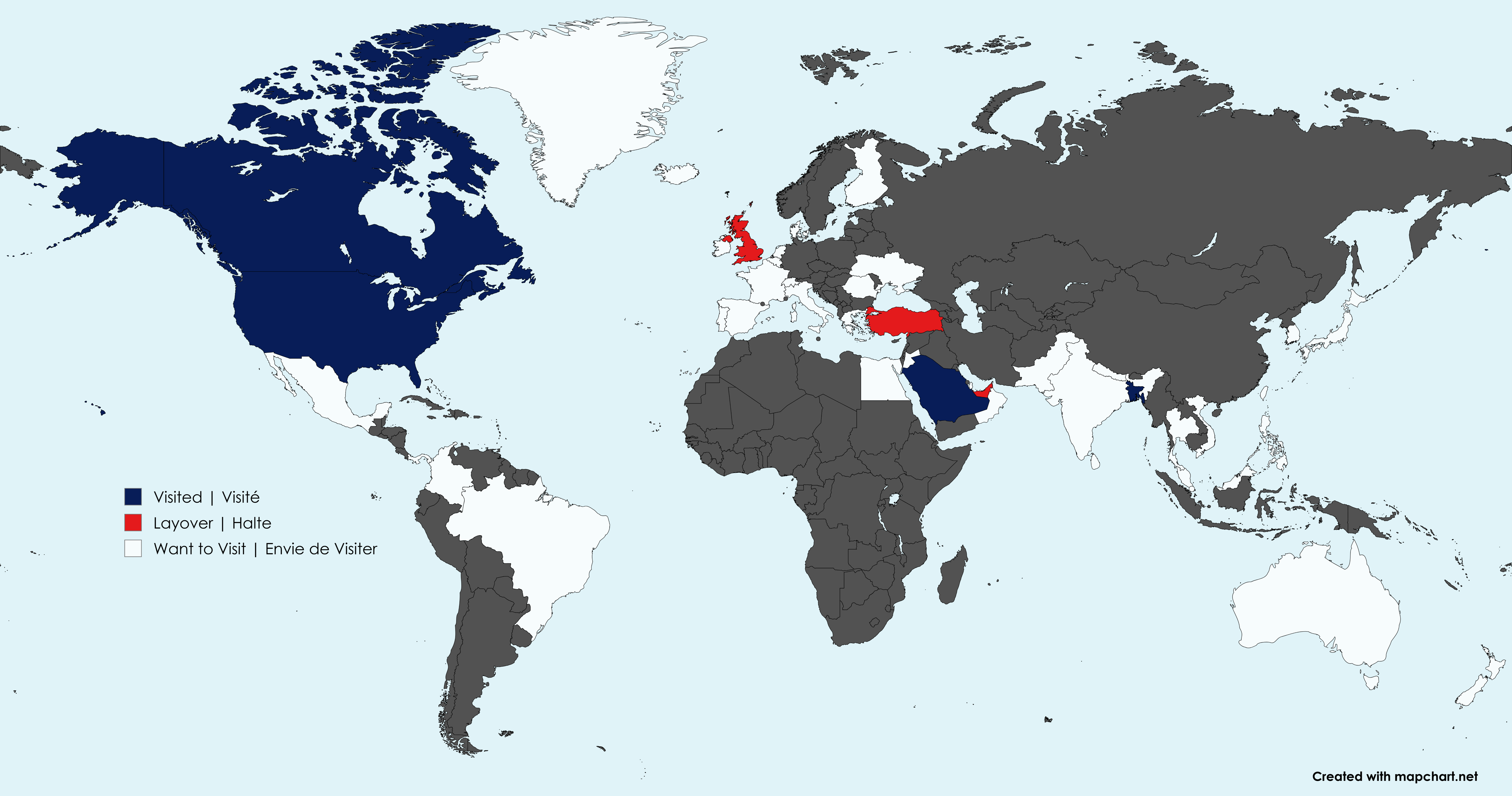World map showing visited countries, layovers and wishlist destinations.